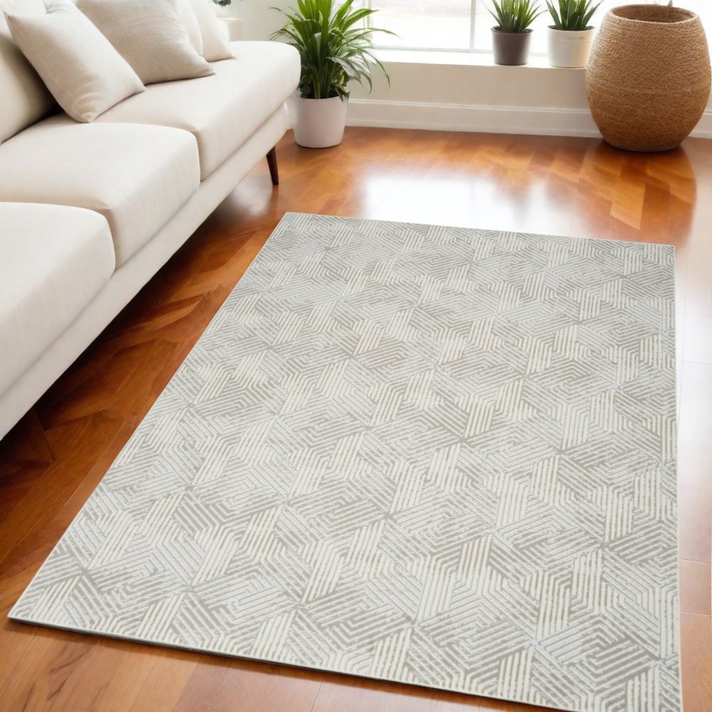 Gray Ivory Geometric Power Loom Area Rug - 5x7 Modern | AUREMI