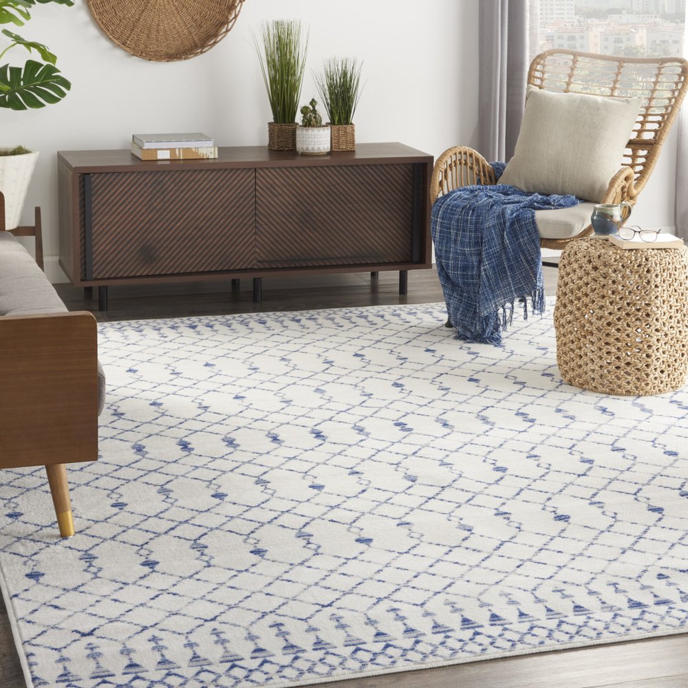 7' X 10' Ivory and Blue Geometric Distressed Non Skid Area Rug