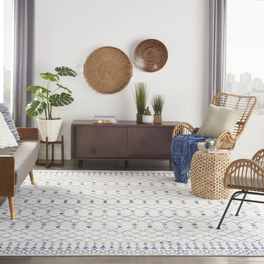 7' X 10' Ivory and Blue Geometric Distressed Non Skid Area Rug