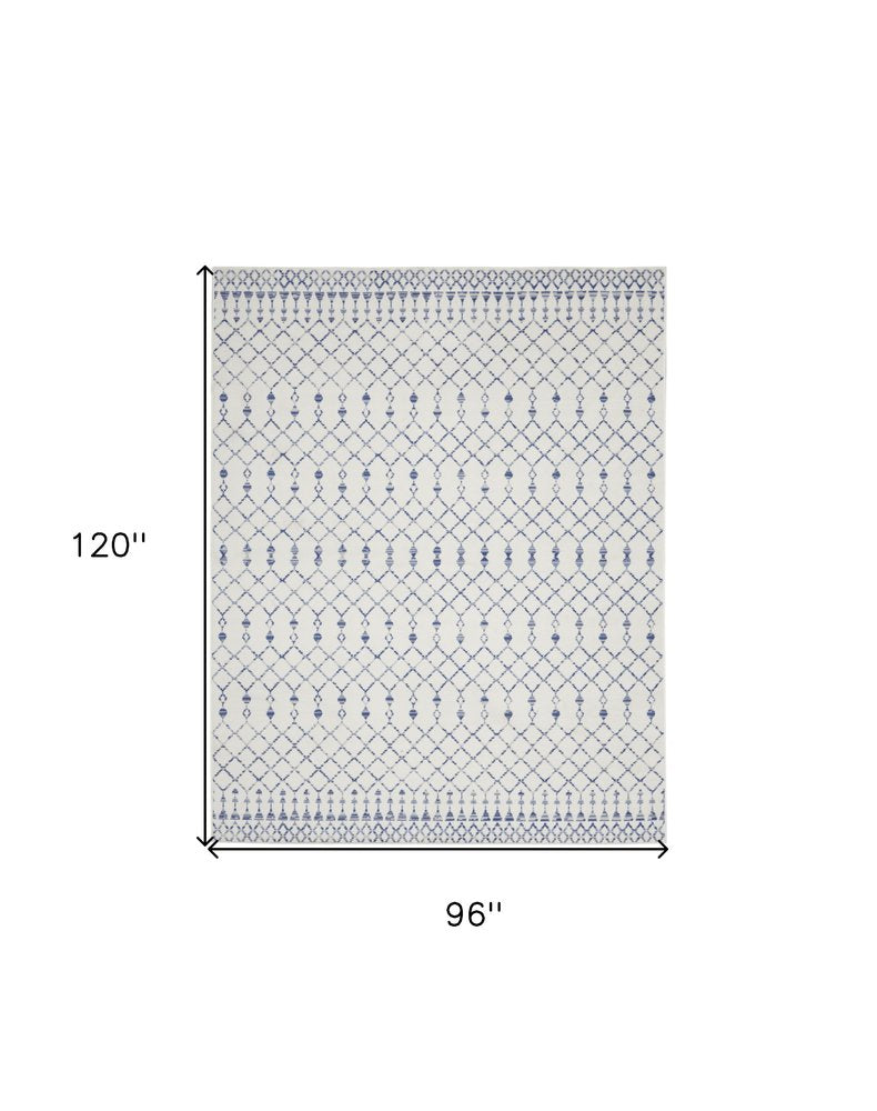 7' X 10' Ivory and Blue Geometric Distressed Non Skid Area Rug