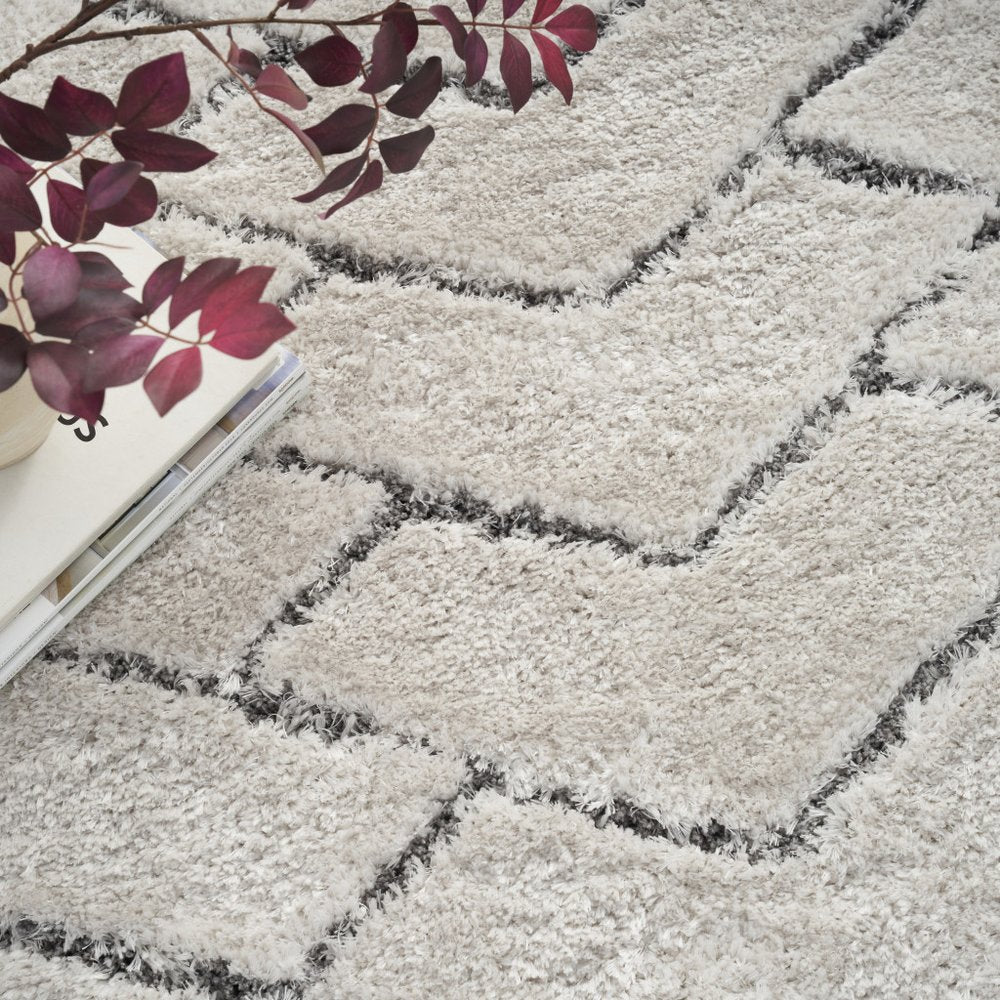 IVORY and GRAY Chevron Shag Area Rug