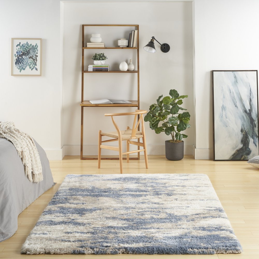 Light Blue Gray and Beige Abstract Shag Area Rug