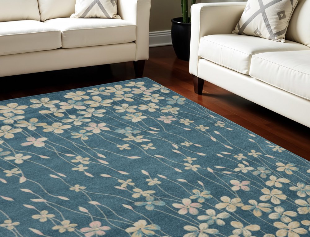 Turquoise and Cream Floral Area Rug