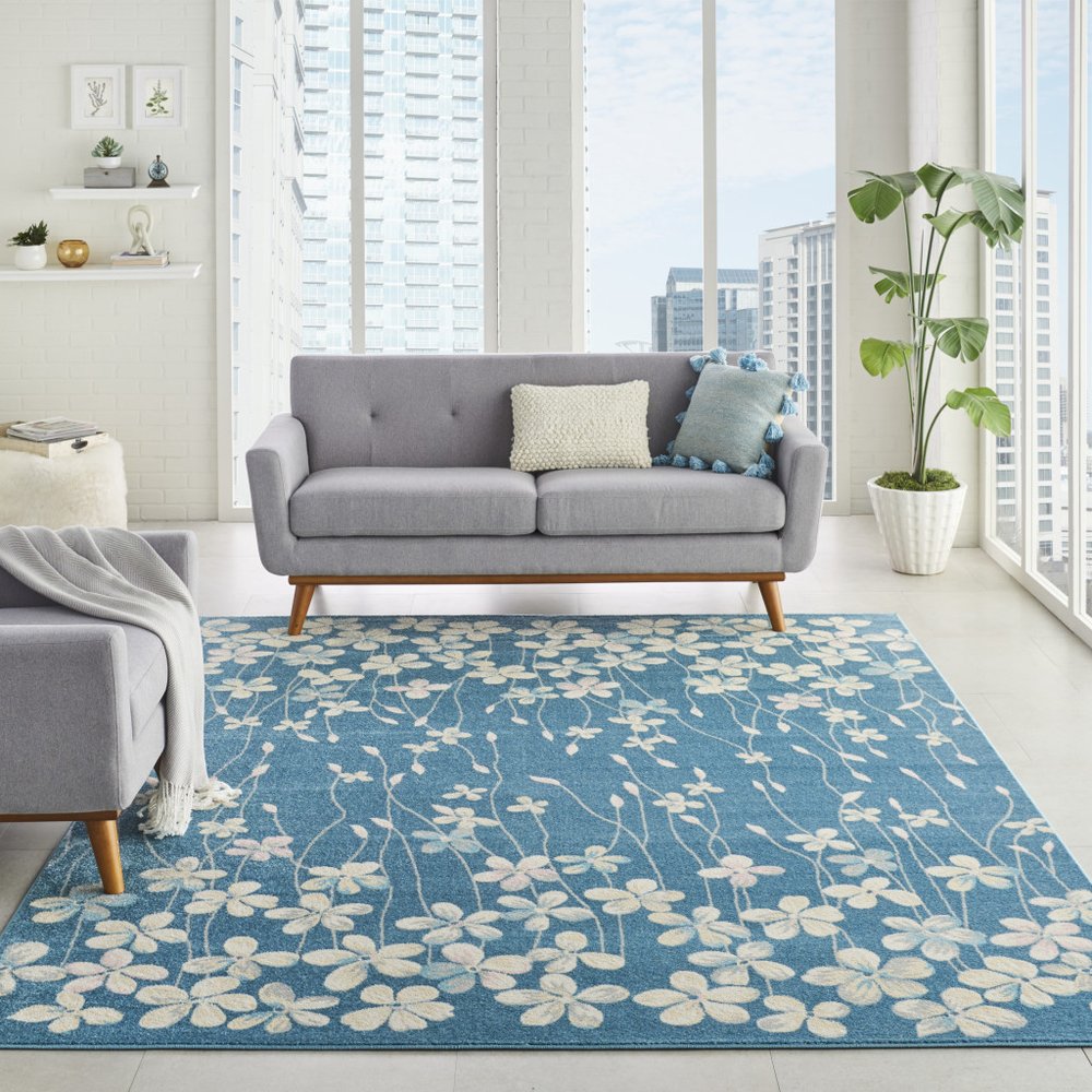 Turquoise and Cream Floral Area Rug