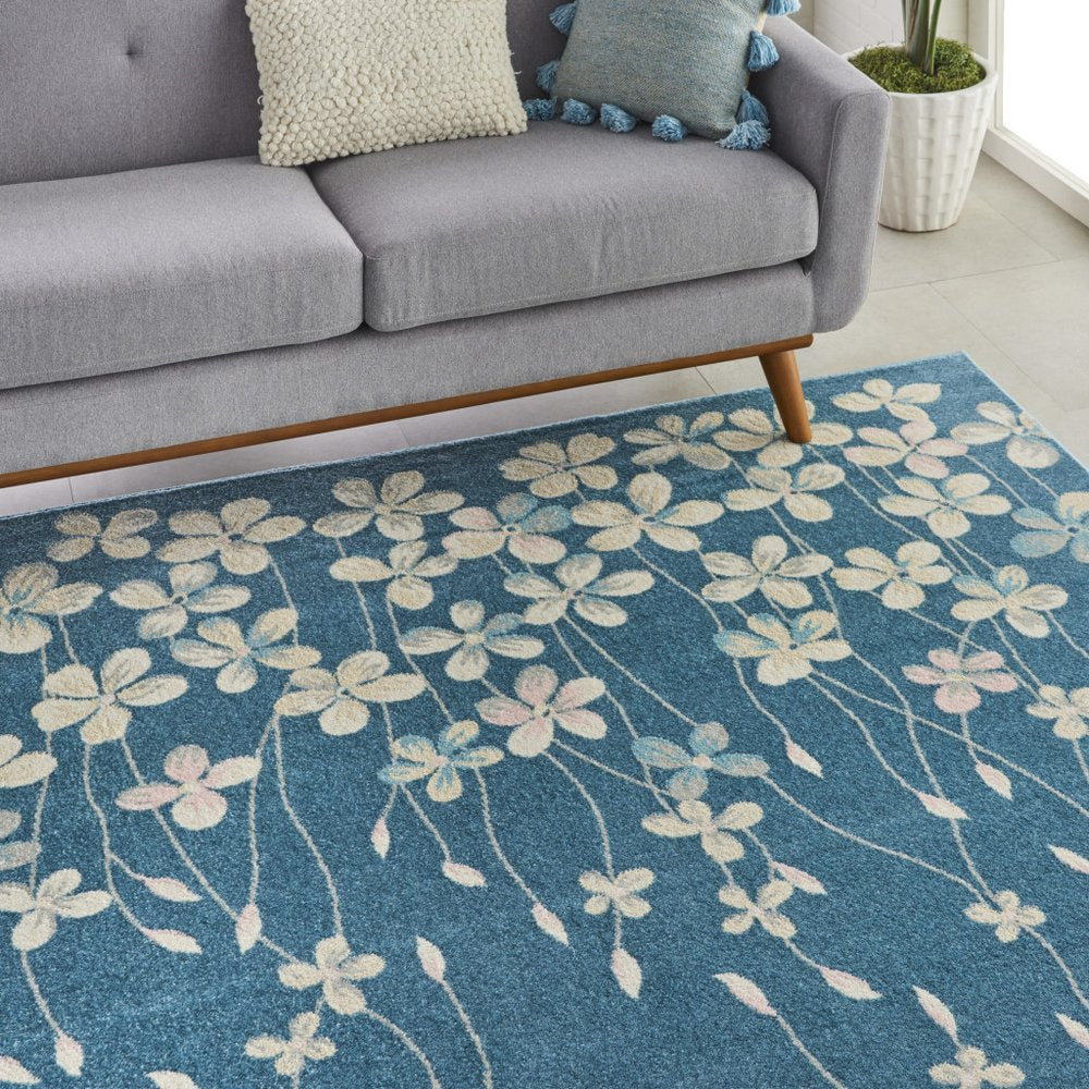 Turquoise and Cream Floral Area Rug