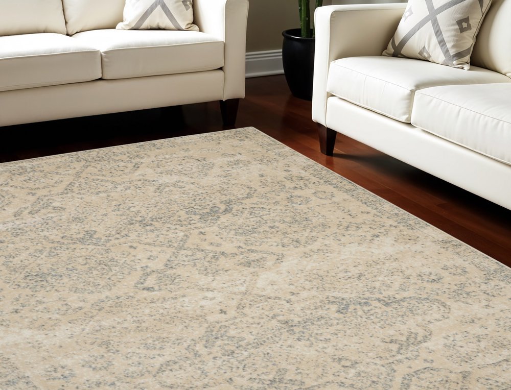 Beige And Gray Geometric Distressed Area Rug