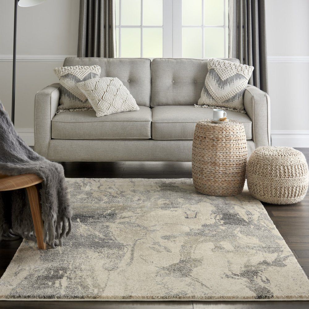 Cream & Gray Abstract Distressed Rug - Modern Minimalist
