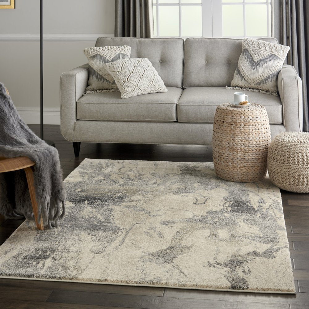Cream & Gray Abstract Distressed Rug - Modern Minimalist