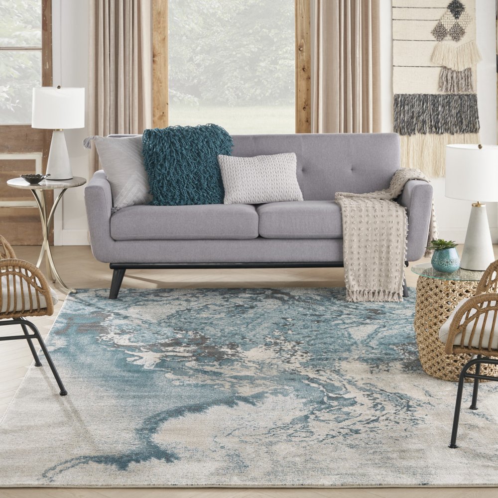 Ivory Teal Blue Black Abstract Non-Skid Area Rug - 7x10 | AUREMI