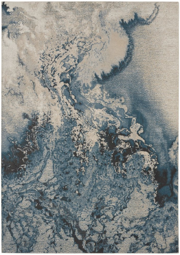 Ivory Teal Blue Black Abstract Non-Skid Area Rug - 7x10 | AUREMI