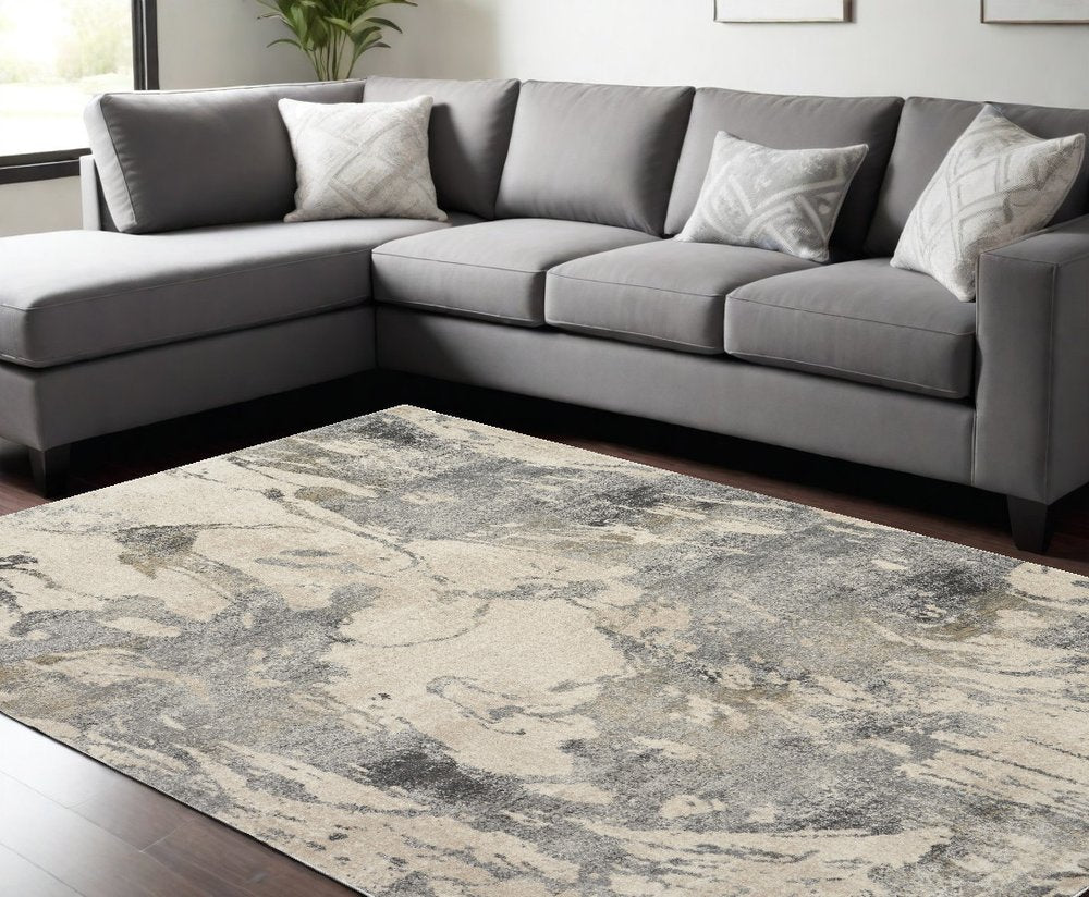 Cream & Gray Abstract Distressed Rug - Modern Minimalist