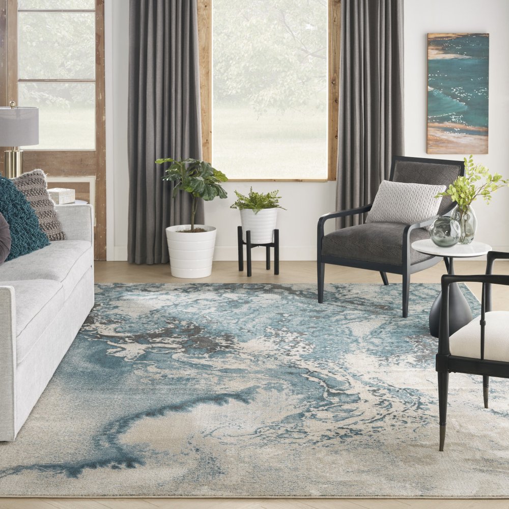 Ivory Teal Blue Black Abstract Non-Skid Area Rug - 7x10 | AUREMI