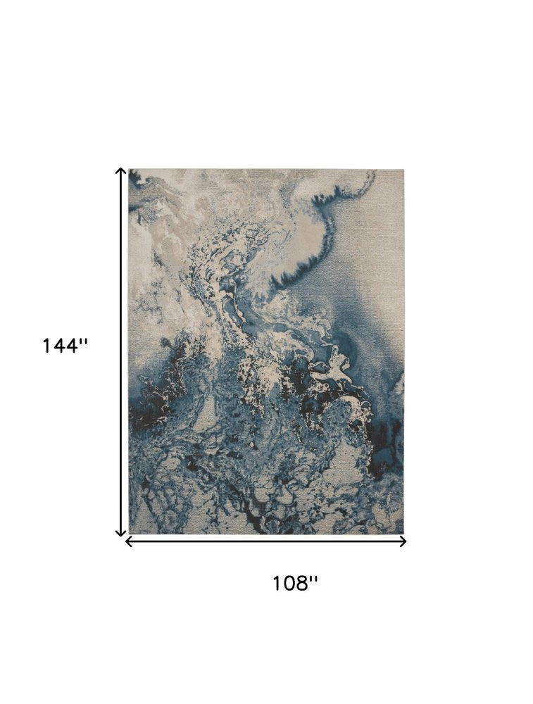 Ivory Teal Blue Black Abstract Non-Skid Area Rug - 7x10 | AUREMI