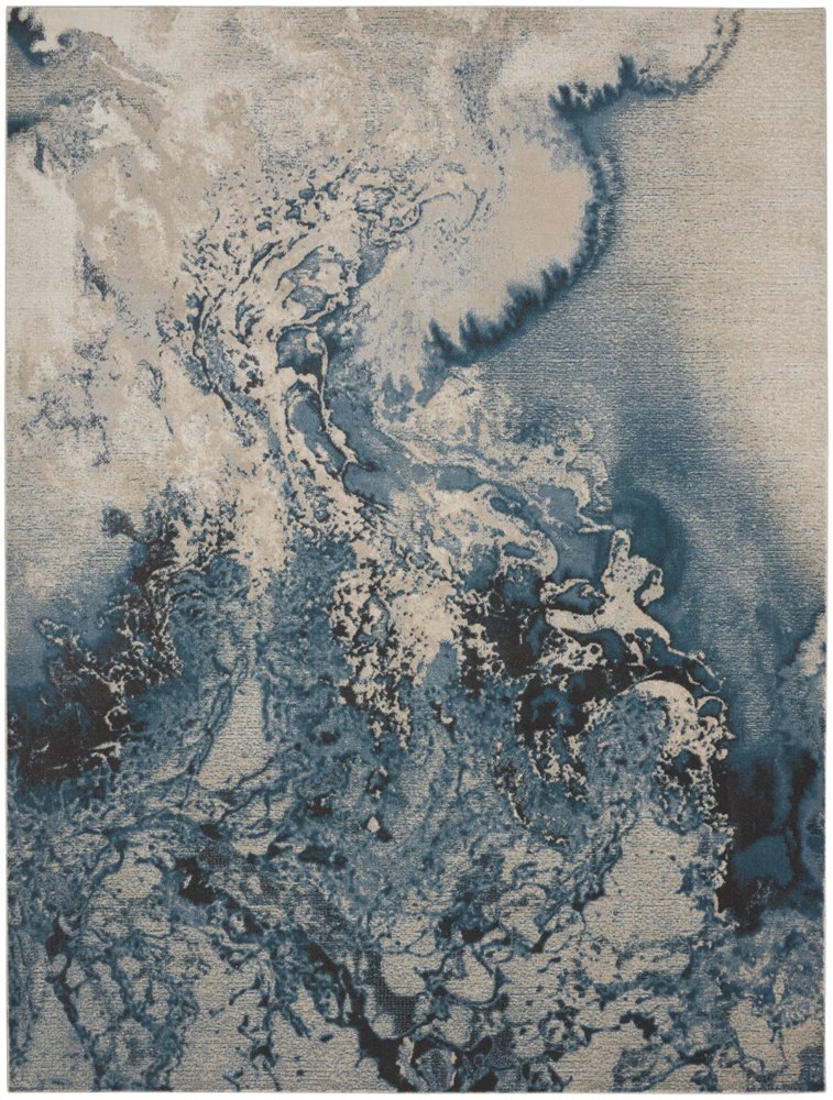 Ivory Teal Blue Black Abstract Non-Skid Area Rug - 7x10 | AUREMI