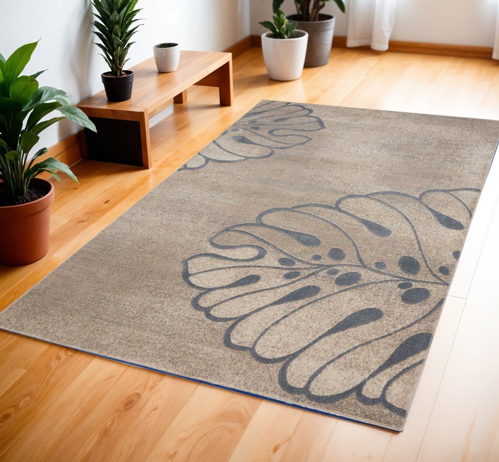 Beige & Gray Botanical Leaves Rug - Organic Modern Design