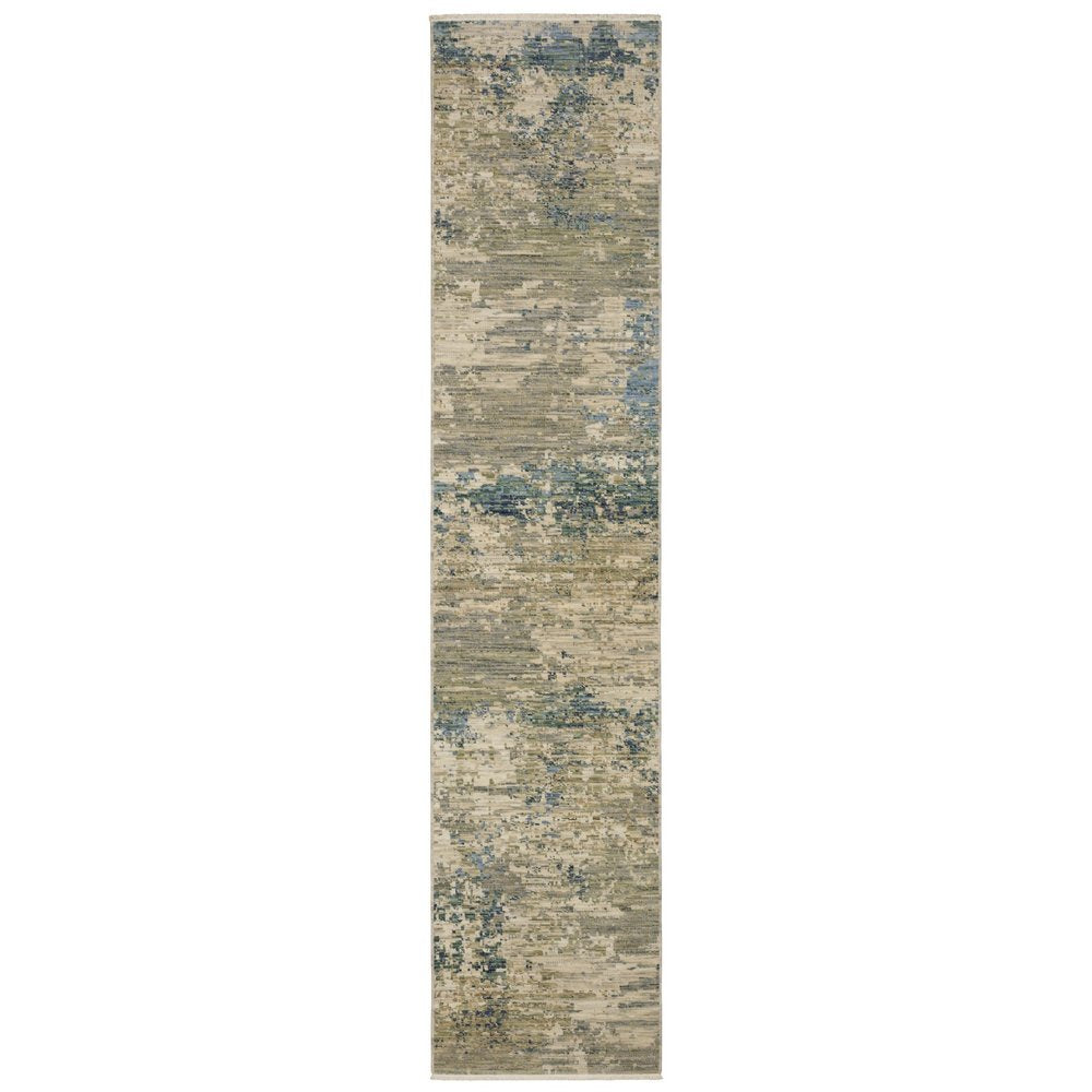 Beige & Blue Abstract Runner Rug - 12' Fringe Detail