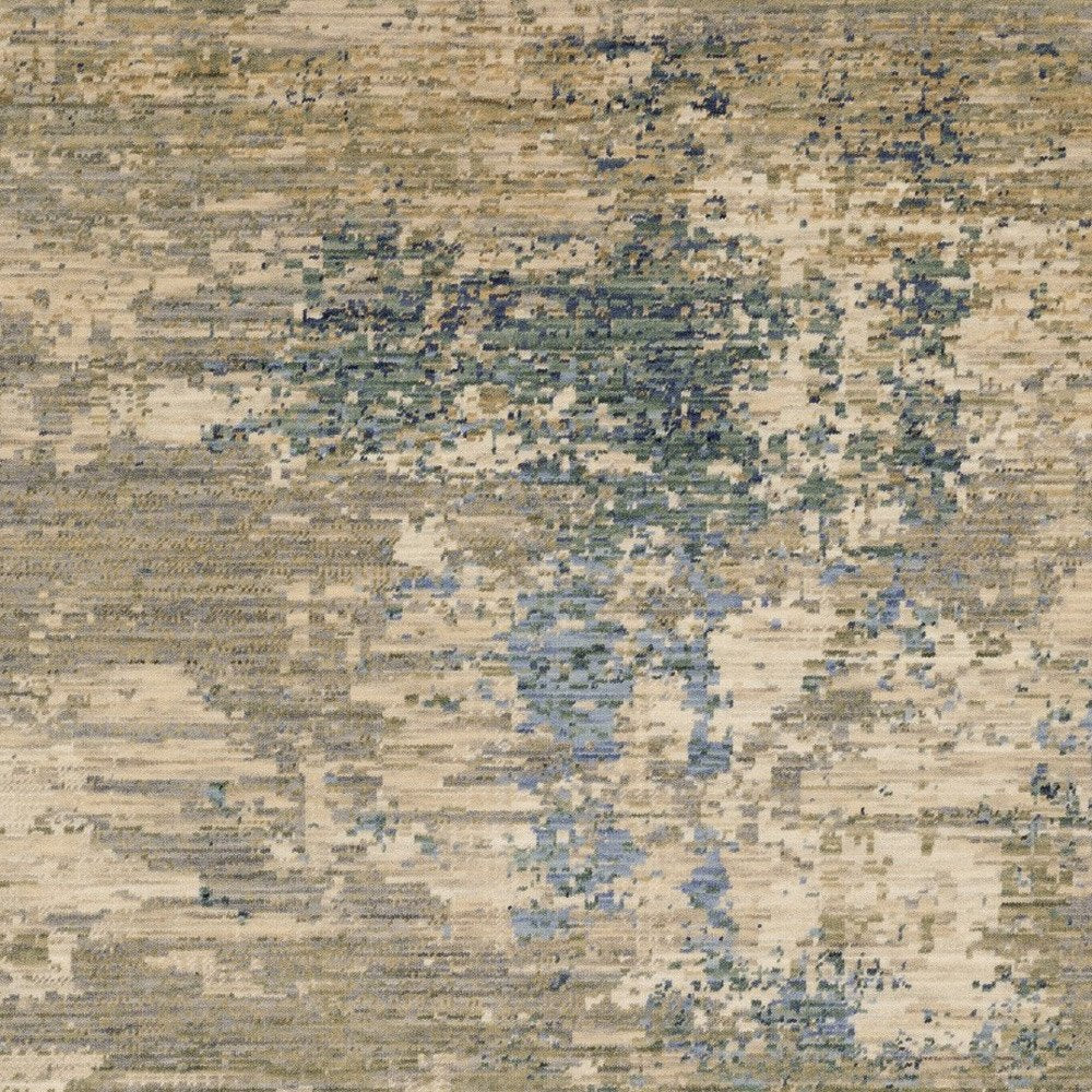 Beige & Blue Abstract Runner Rug - 12' Fringe Detail
