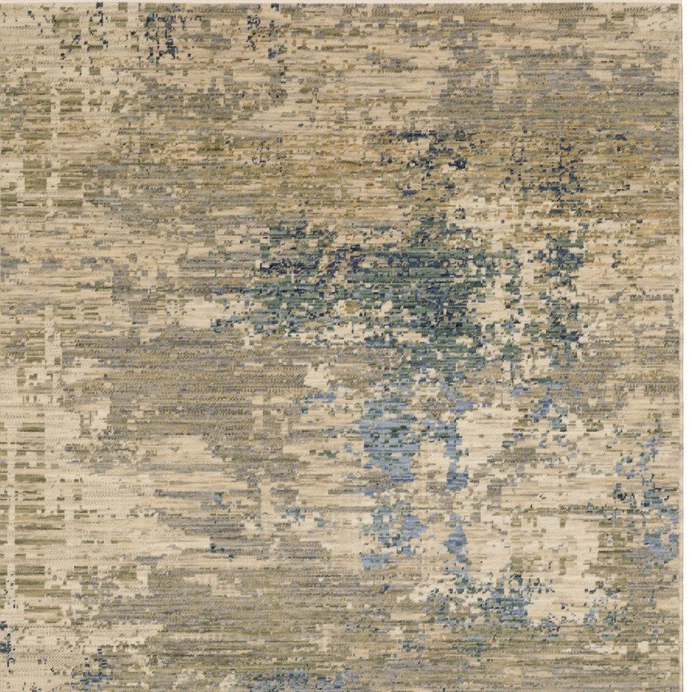 Beige & Blue Abstract Runner Rug - 12' Fringe Detail