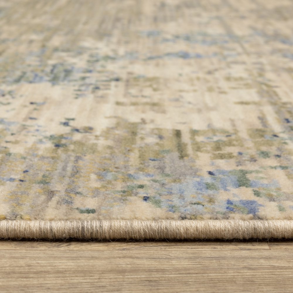 Beige & Blue Abstract Runner Rug - 12' Fringe Detail