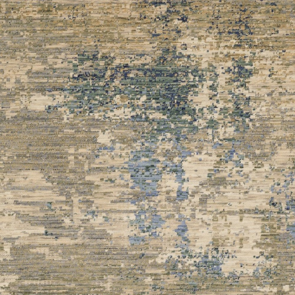 Beige & Blue Abstract Runner Rug - 12' Fringe Detail