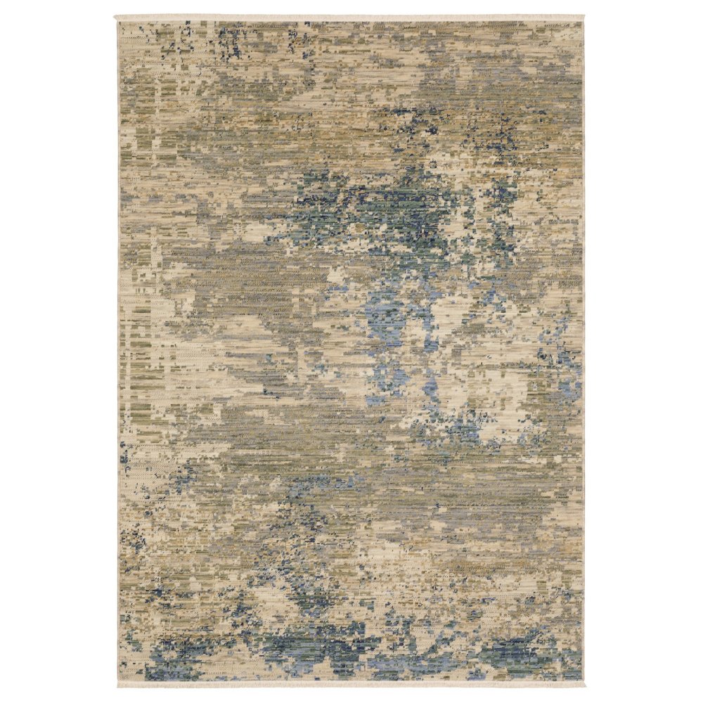 Beige & Blue Abstract Runner Rug - 12' Fringe Detail