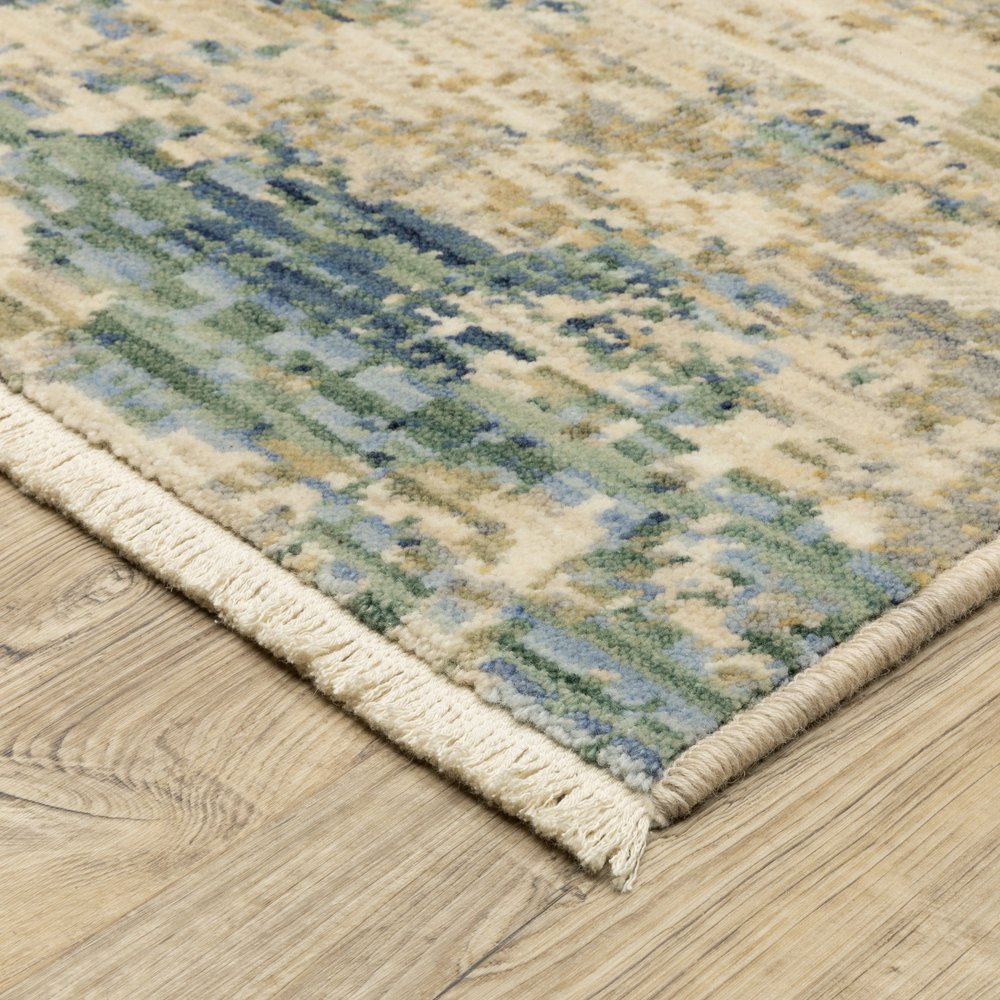 Beige & Blue Abstract Runner Rug - 12' Fringe Detail