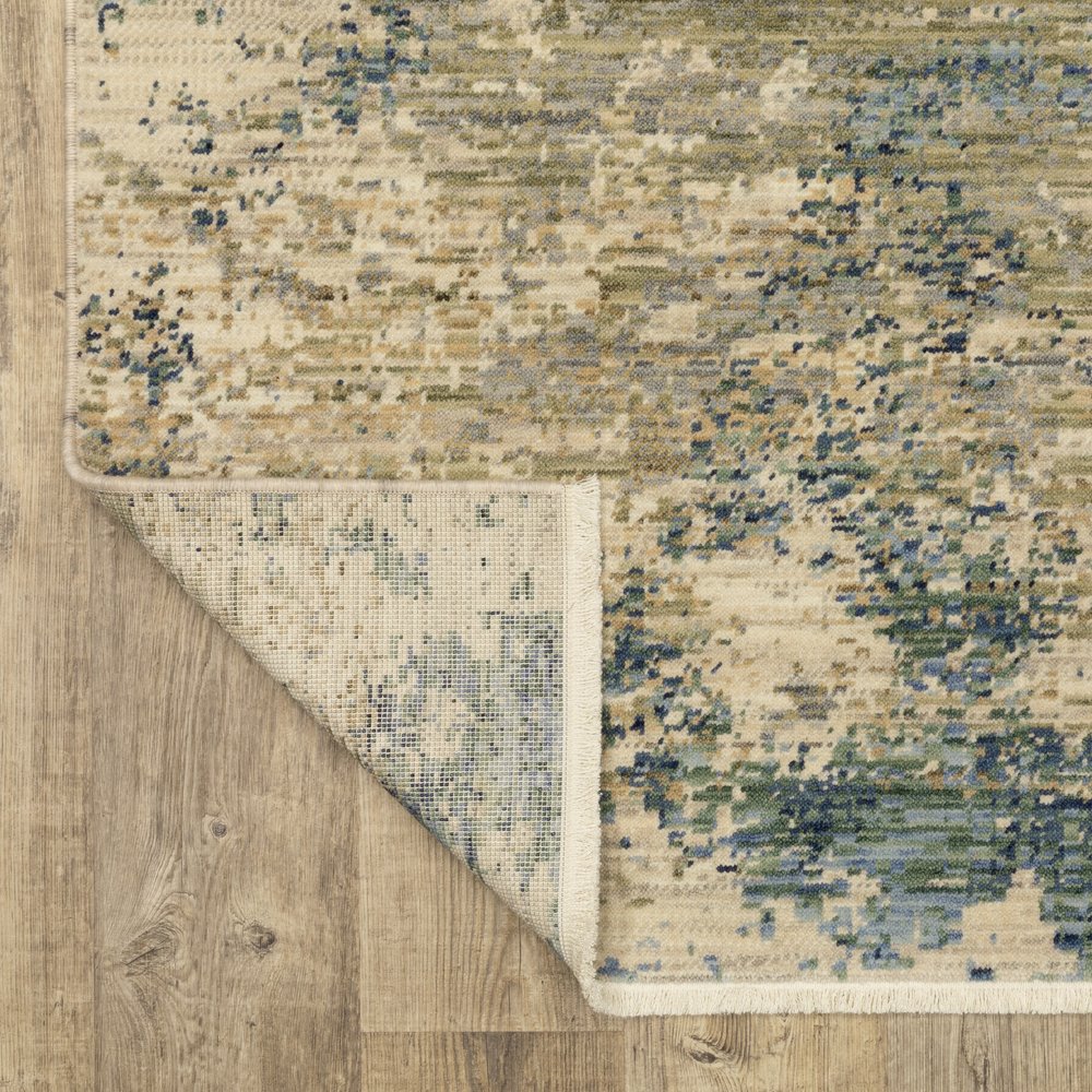 Beige & Blue Abstract Runner Rug - 12' Fringe Detail