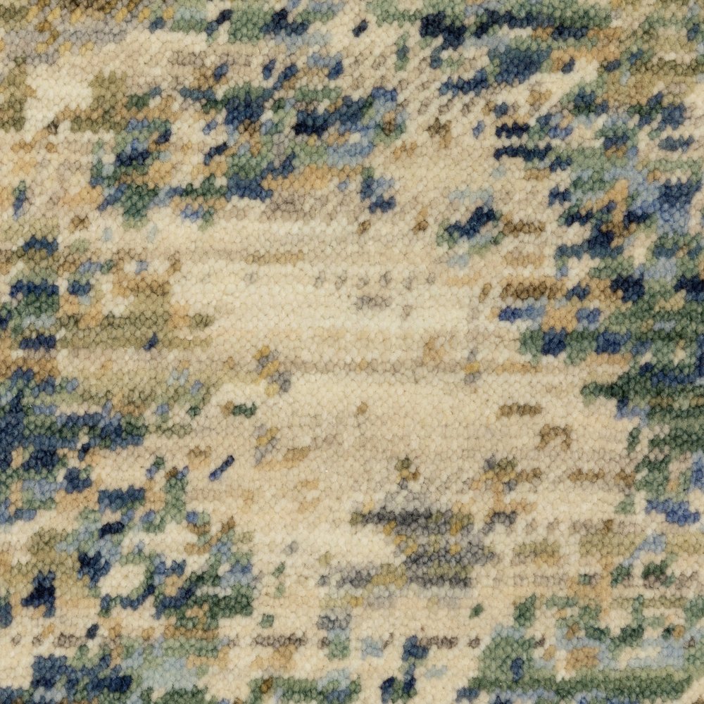 Beige & Blue Abstract Runner Rug - 12' Fringe Detail