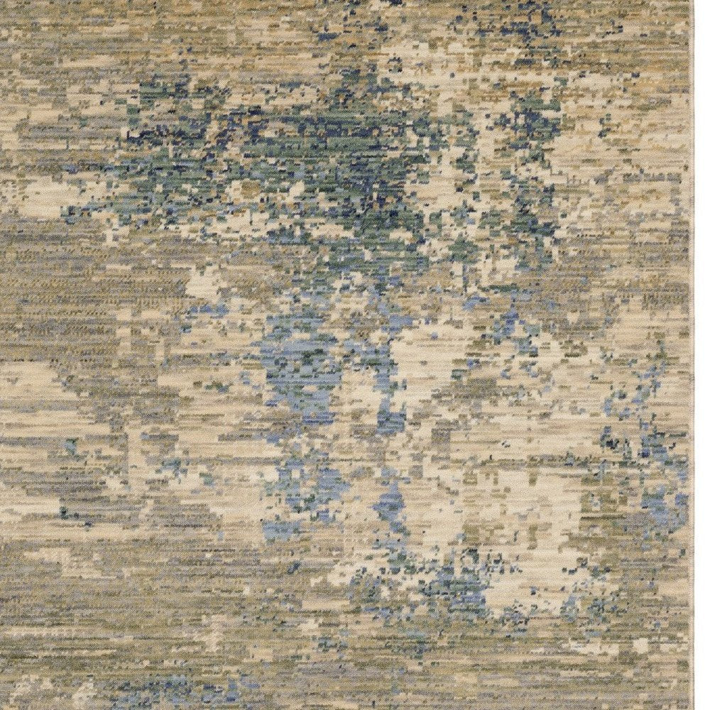 Beige & Blue Abstract Runner Rug - 12' Fringe Detail