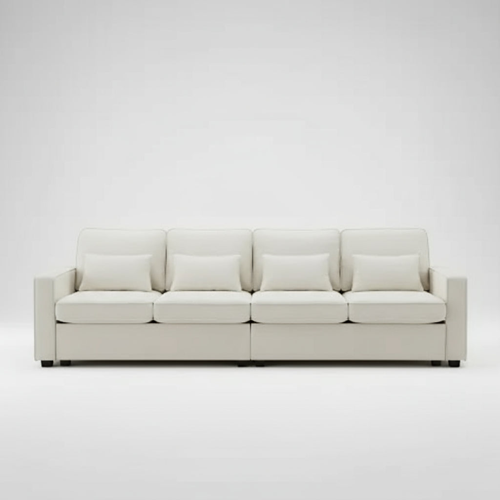 Beige sofa with features highlighted on a white background