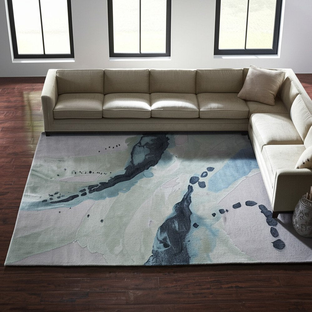 Green Blue Ivory Abstract Hand Tufted Area Rug - 8x10 Artisan | AUREMI