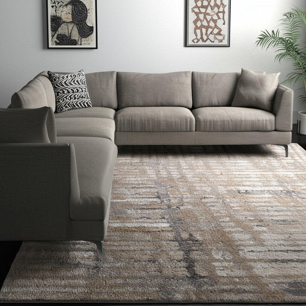 Brown Tan Ivory Abstract Distressed Area Rug - 9x12 Industrial | AUREMI