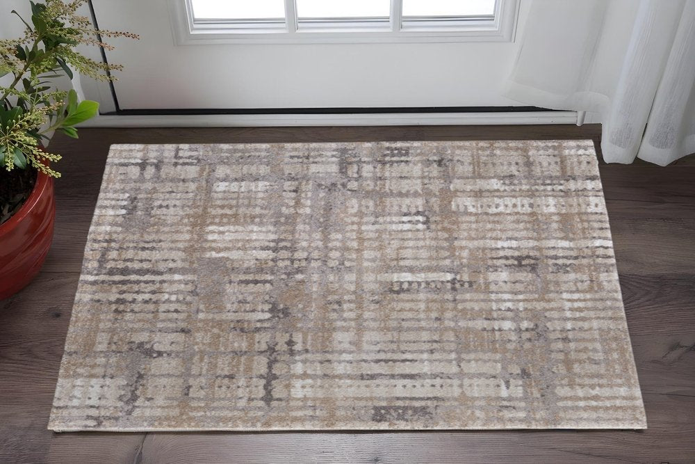 Brown Tan Ivory Abstract Distressed Area Rug - 9x12 Industrial | AUREMI