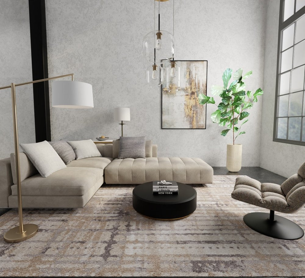 Brown Tan Ivory Abstract Distressed Area Rug - 9x12 Industrial | AUREMI