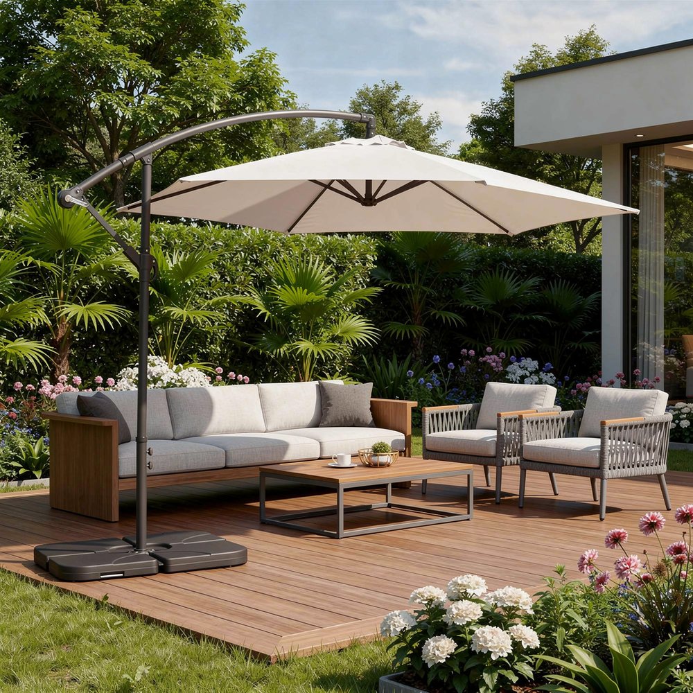 White Cantilever Patio Umbrella with Stand — 9.5'