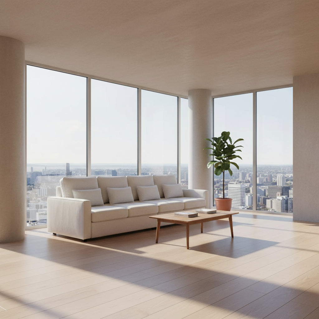 Beige sectional sofa with cushions on a white background