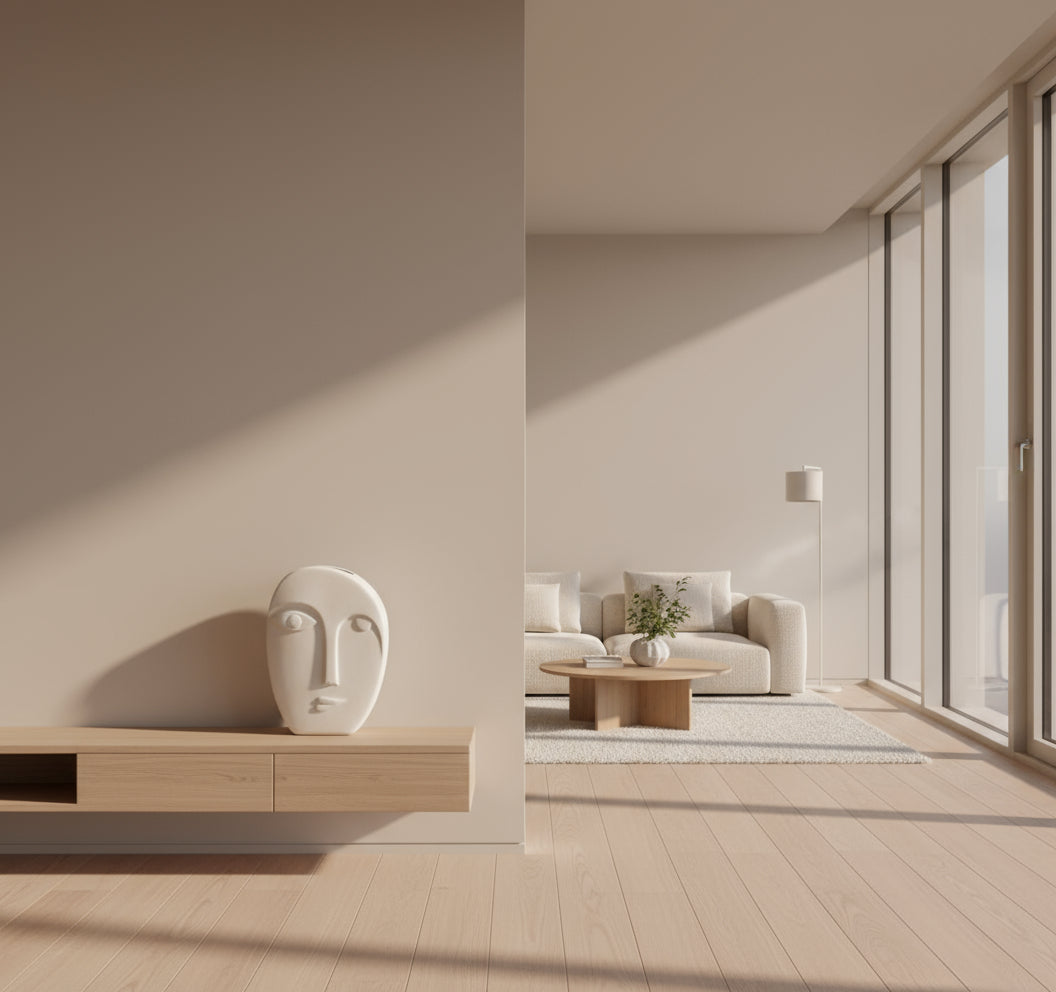 A white ceramic vase with an abstract face design, displayed on a table with a grey background.