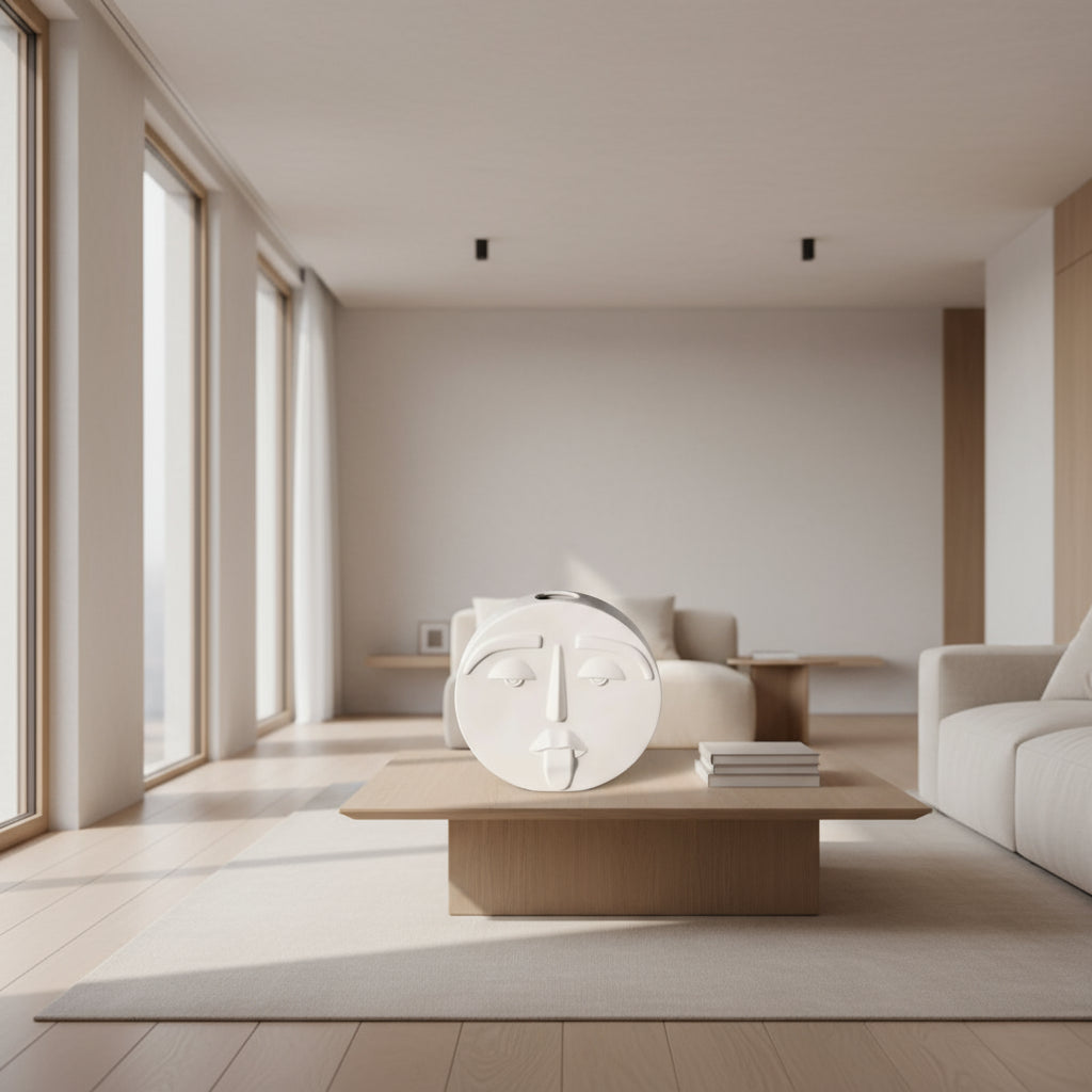 White ceramic face-shaped object with measurements on a gray background