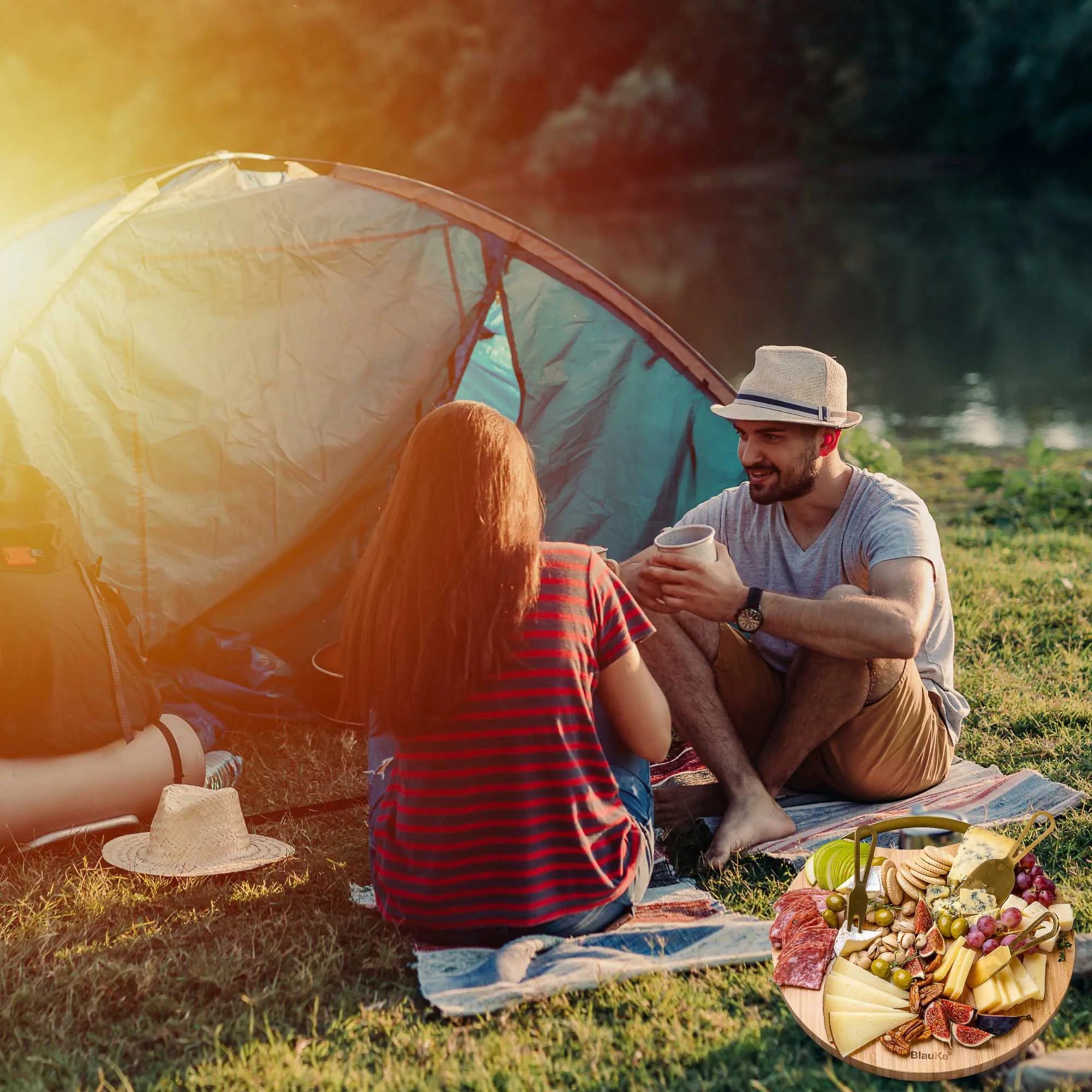 Bamboo Charcuterie Plate with Magnetic Knife Set - 13" Round