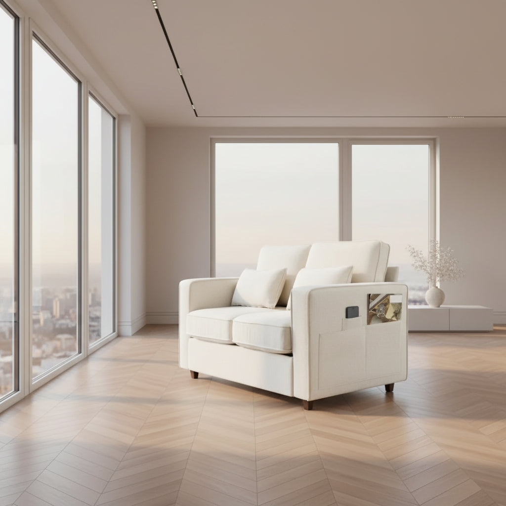 Beige sofa with slanted side pockets on the armrest, featuring text about storage pockets.