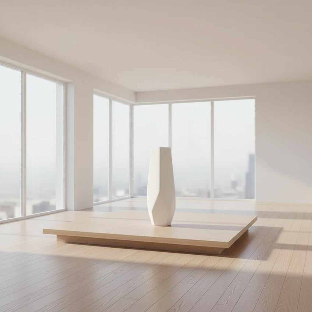 A white ceramic vase with a minimalist design, displayed on a table with dimensions provided in the image.