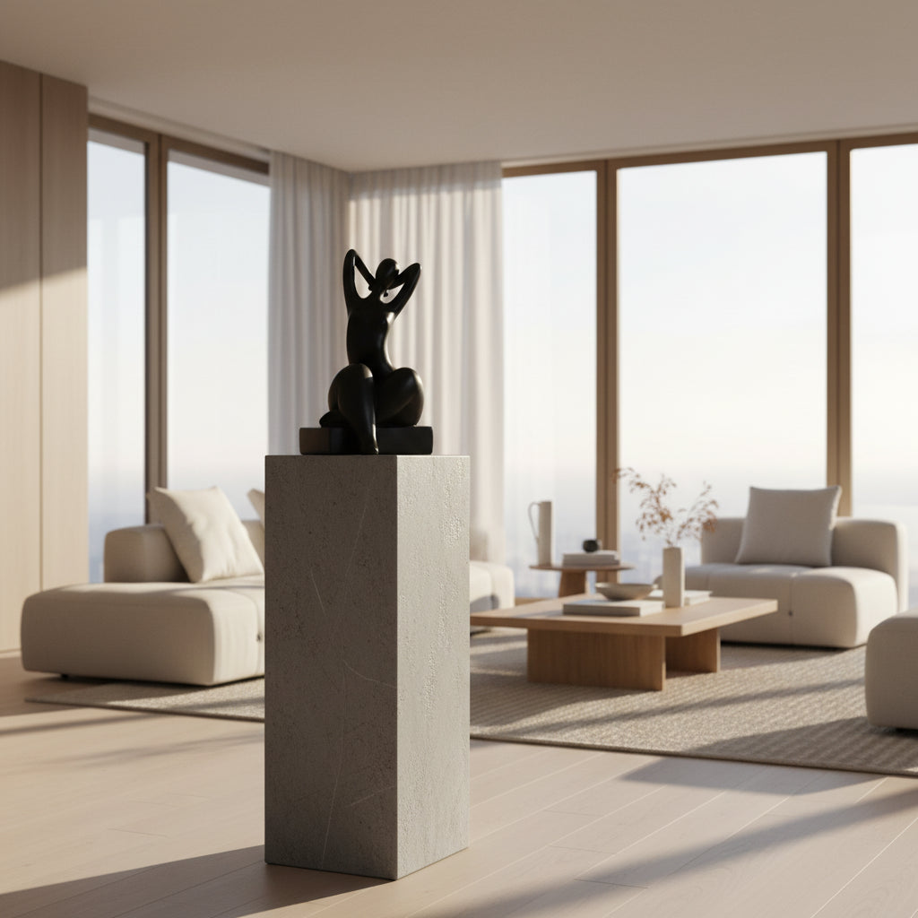 A black minimalist bookend decor in the shape of a figure sitting with their hands behind their head. Dimensions are shown: 21 cm in height, 10 cm in width, and 10 cm in depth.