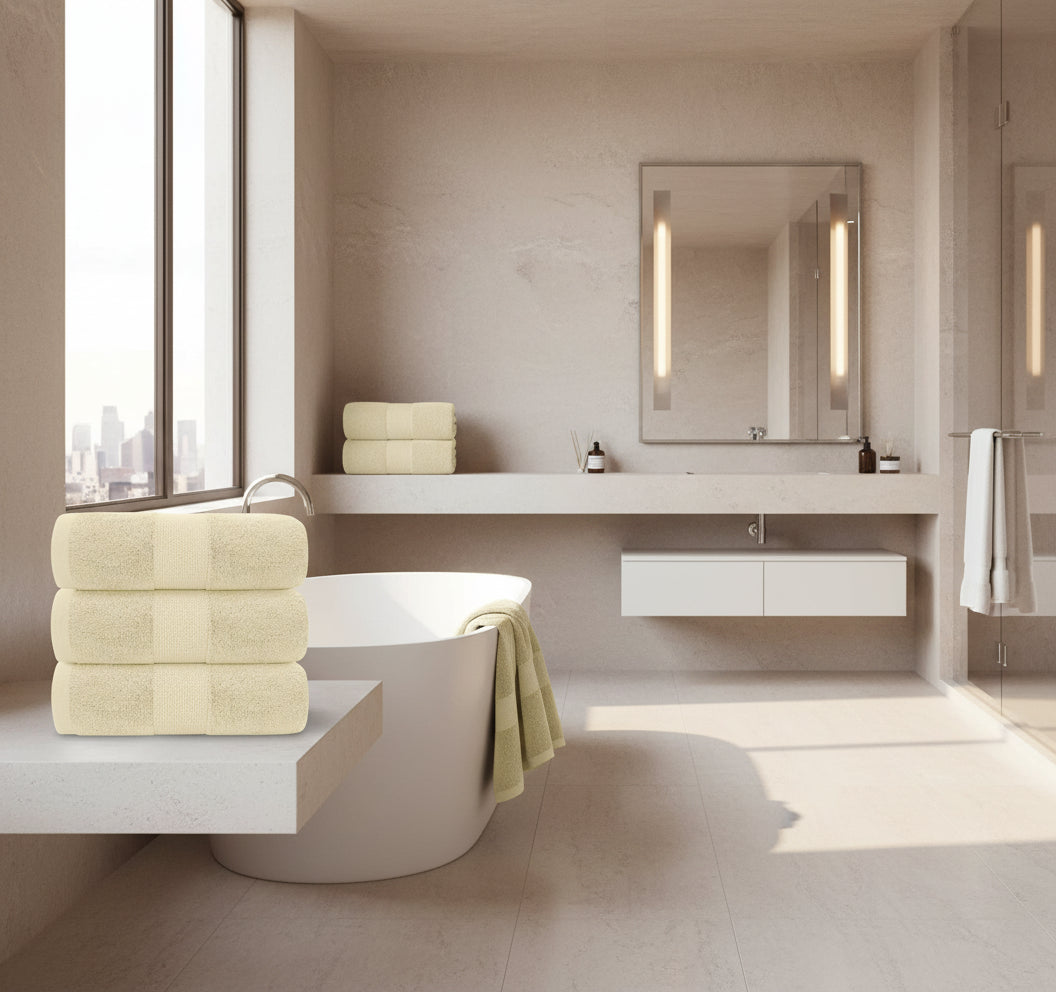 Stack of beige towels on a chair with a window in the background