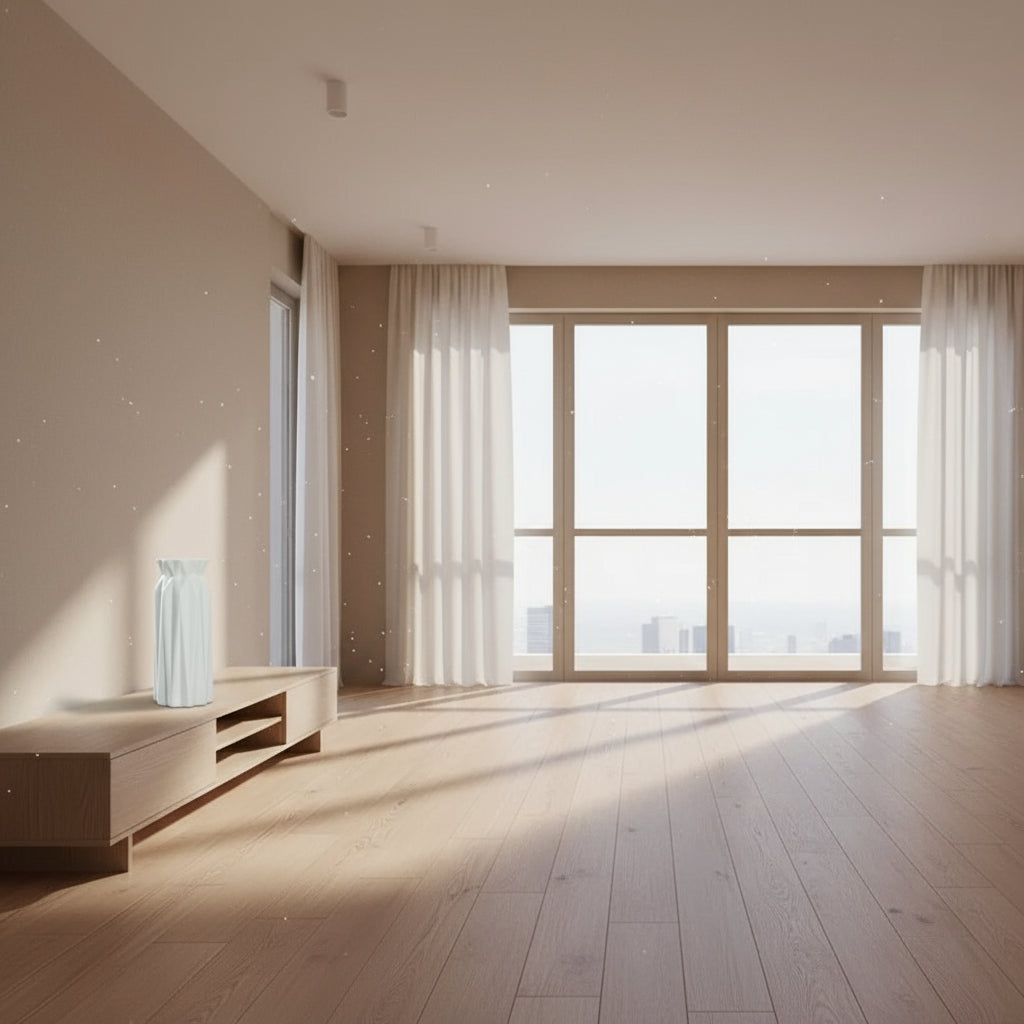 White ceramic vase on a wooden surface with a blurred background