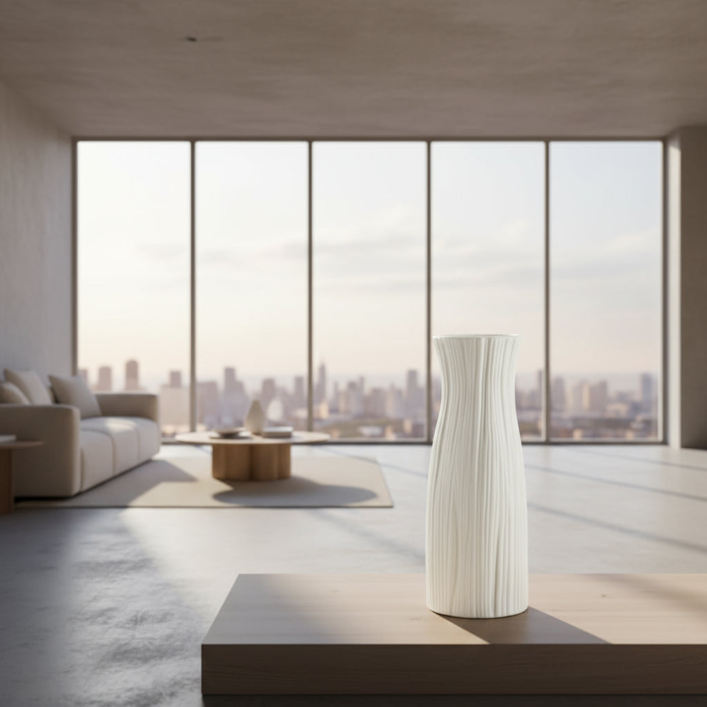 White textured vase on a wooden surface with books in the background