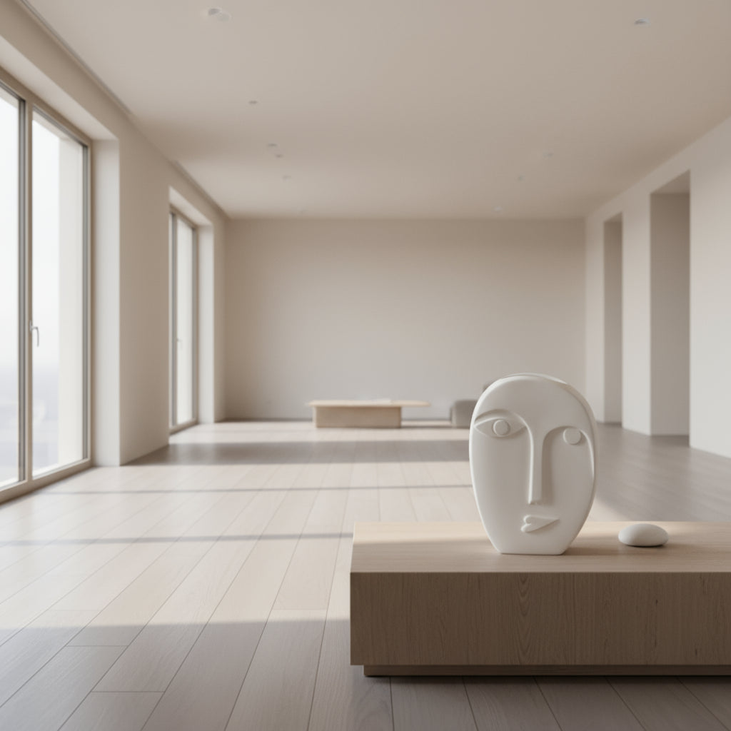 A white ceramic vase with an abstract face design, displayed on a table with a grey background.